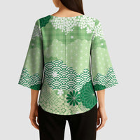 Green Palaka Japanese Patterns Kimono Sleeve Blouse Asanoha Seigaiha Sakura Motif - Polynesian Pride