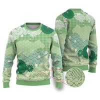 Green Palaka Japanese Patterns Ugly Christmas Sweater Asanoha Seigaiha Sakura Motif - Polynesian Pride