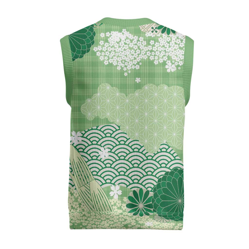 Green Palaka Japanese Patterns Christmas Knitted V-Neck Vest Asanoha Seigaiha Sakura Motif - Polynesian Pride