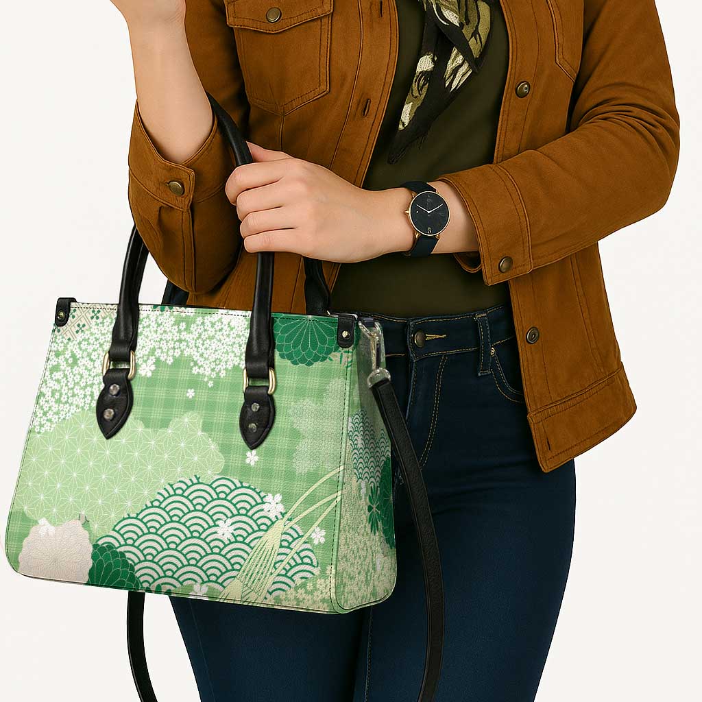 Green Palaka Japanese Patterns Leather Bag Asanoha Seigaiha Sakura Motif - Polynesian Pride