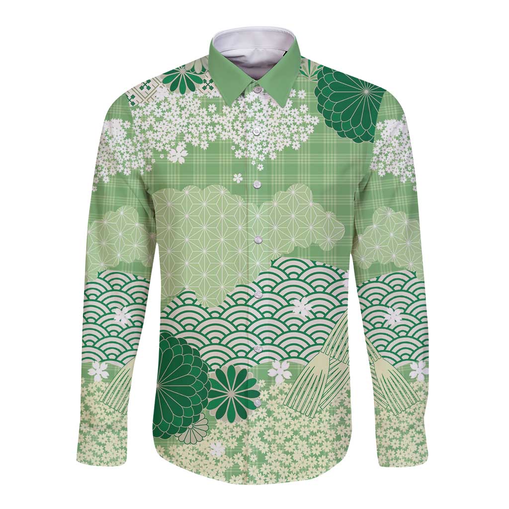 Green Palaka Japanese Patterns Long Sleeve Button Shirt Asanoha Seigaiha Sakura Motif - Polynesian Pride