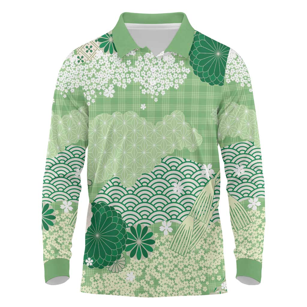 Green Palaka Japanese Patterns Long Sleeve Polo Shirt Asanoha Seigaiha Sakura Motif - Polynesian Pride