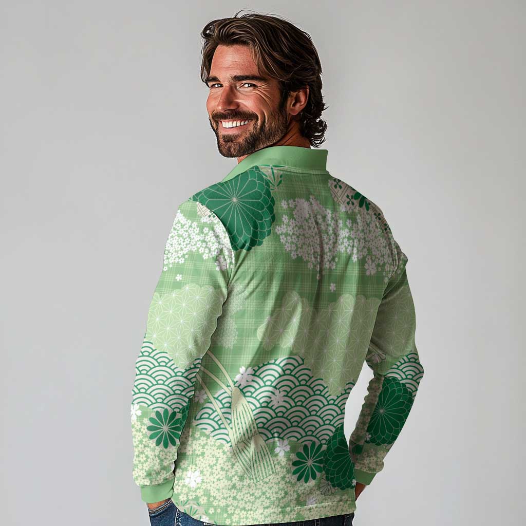 Green Palaka Japanese Patterns Long Sleeve Polo Shirt Asanoha Seigaiha Sakura Motif - Polynesian Pride