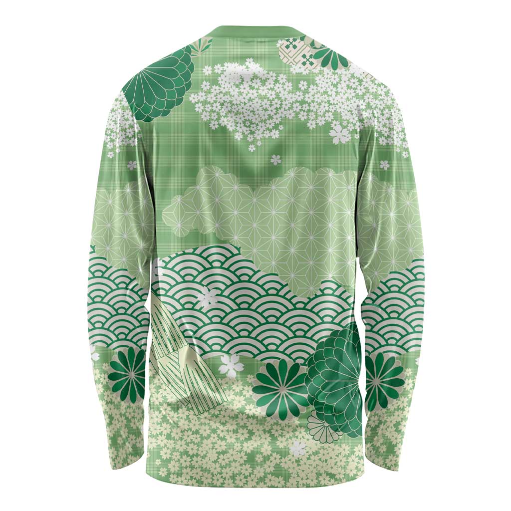 Green Palaka Japanese Patterns Long Sleeve Shirt Asanoha Seigaiha Sakura Motif - Polynesian Pride