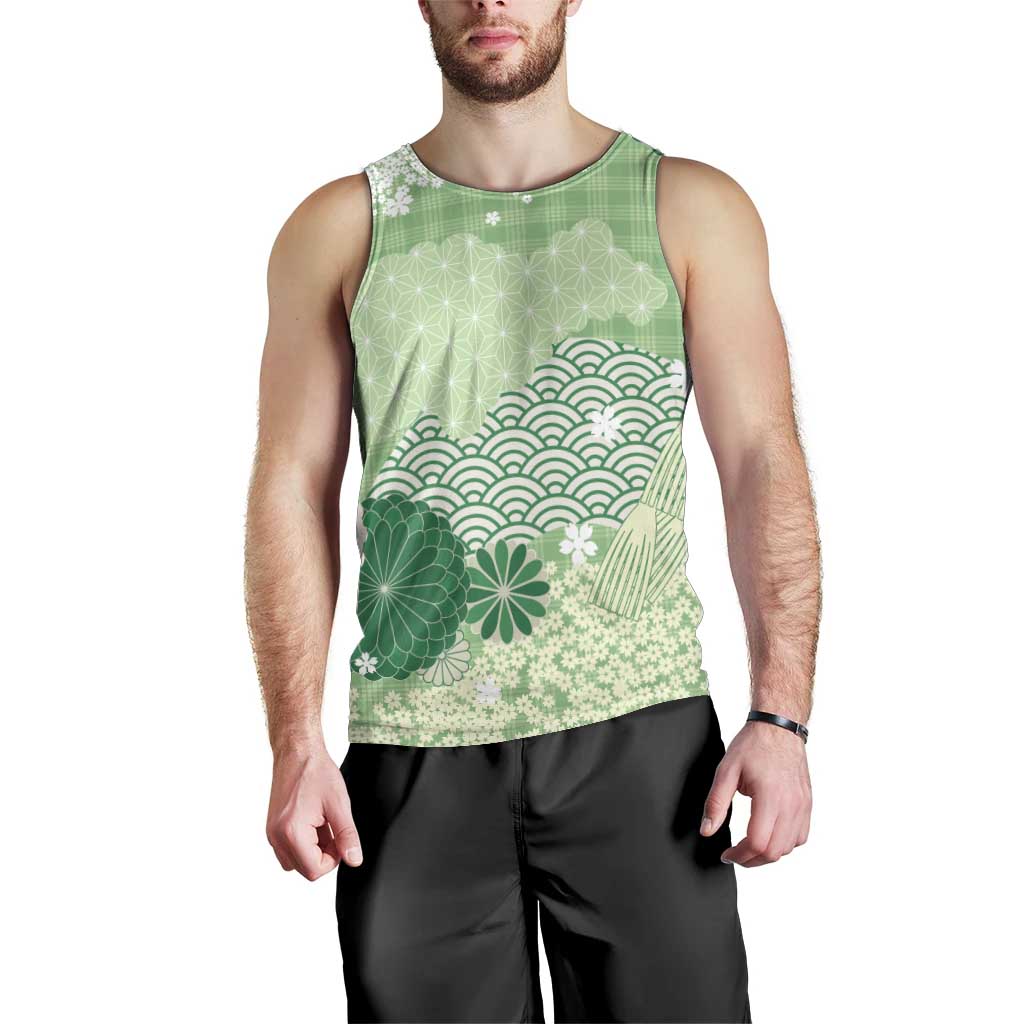 Green Palaka Japanese Patterns Men Tank Top Asanoha Seigaiha Sakura Motif - Polynesian Pride