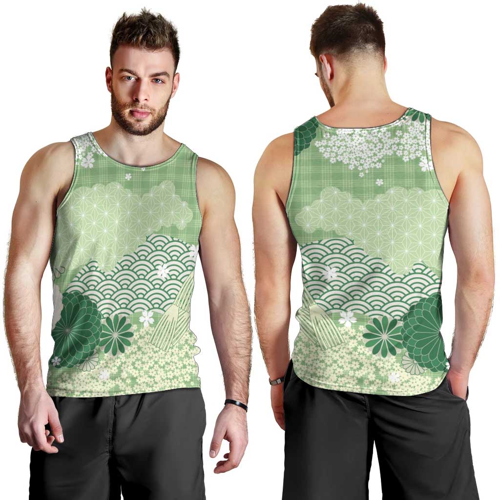 Green Palaka Japanese Patterns Men Tank Top Asanoha Seigaiha Sakura Motif - Polynesian Pride