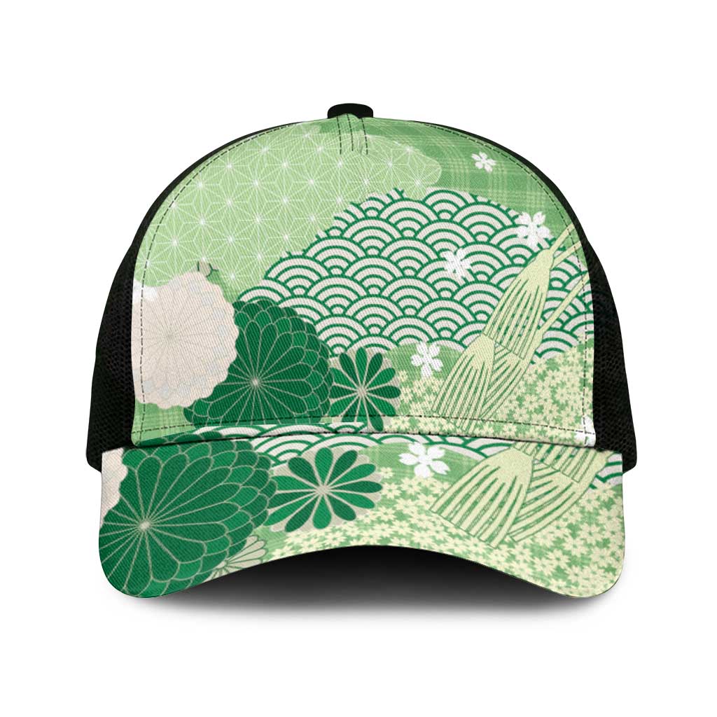 Green Japanese Traditional Motifs Mesh Trucker Cap Palaka With Asanoha Seigaiha Sakura - Polynesian Pride