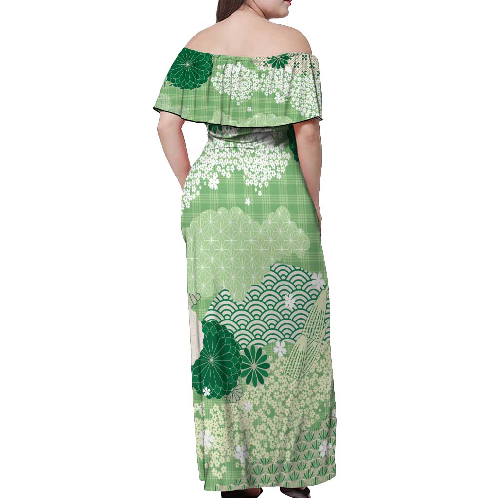 Green Palaka Japanese Patterns Off Shoulder Maxi Dress Asanoha Seigaiha Sakura Motif - Polynesian Pride