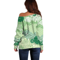 Green Palaka Japanese Patterns Off Shoulder Sweater Asanoha Seigaiha Sakura Motif - Polynesian Pride