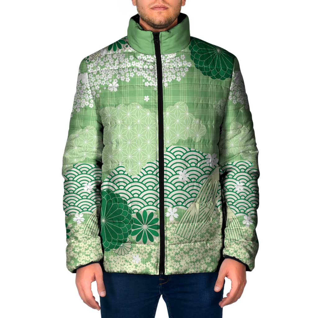 Green Palaka Japanese Patterns Padded Jacket Asanoha Seigaiha Sakura Motif - Polynesian Pride