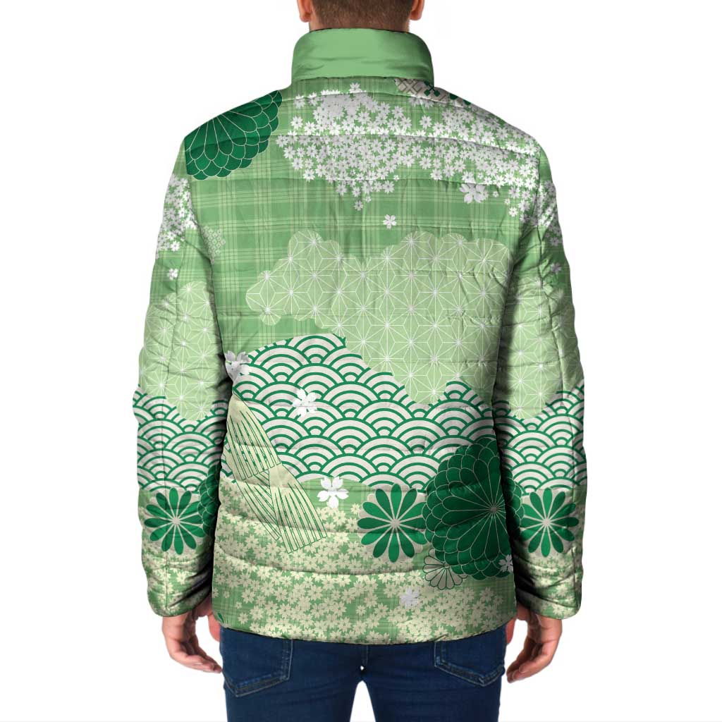 Green Palaka Japanese Patterns Padded Jacket Asanoha Seigaiha Sakura Motif - Polynesian Pride