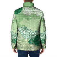 Green Palaka Japanese Patterns Padded Jacket Asanoha Seigaiha Sakura Motif - Polynesian Pride