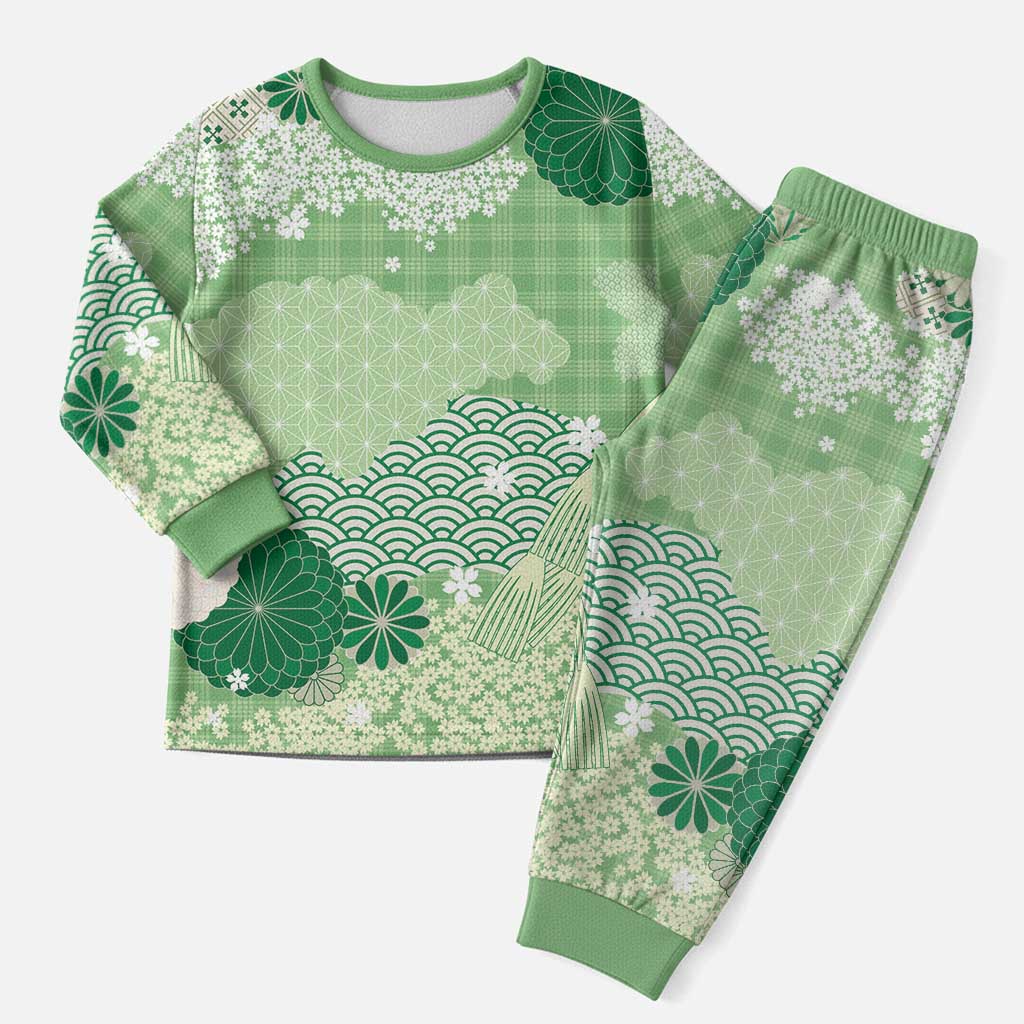 Green Palaka Japanese Patterns Christmas Pajama Set Asanoha Seigaiha Sakura Motif - Polynesian Pride