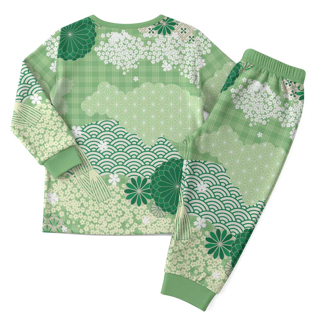 Green Palaka Japanese Patterns Christmas Pajama Set Asanoha Seigaiha Sakura Motif - Polynesian Pride