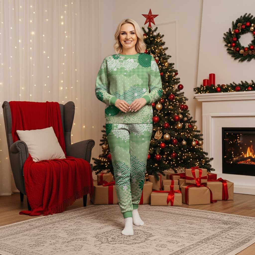 Green Palaka Japanese Patterns Christmas Pajama Set Asanoha Seigaiha Sakura Motif - Polynesian Pride