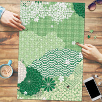 Green Palaka Japanese Patterns Puzzle Asanoha Seigaiha Sakura Motif - Polynesian Pride