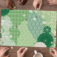 Green Palaka Japanese Patterns Puzzle Asanoha Seigaiha Sakura Motif - Polynesian Pride