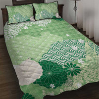 Green Palaka Japanese Patterns Quilt Bed Set Asanoha Seigaiha Sakura Motif - Polynesian Pride