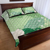 Green Palaka Japanese Patterns Quilt Bed Set Asanoha Seigaiha Sakura Motif - Polynesian Pride