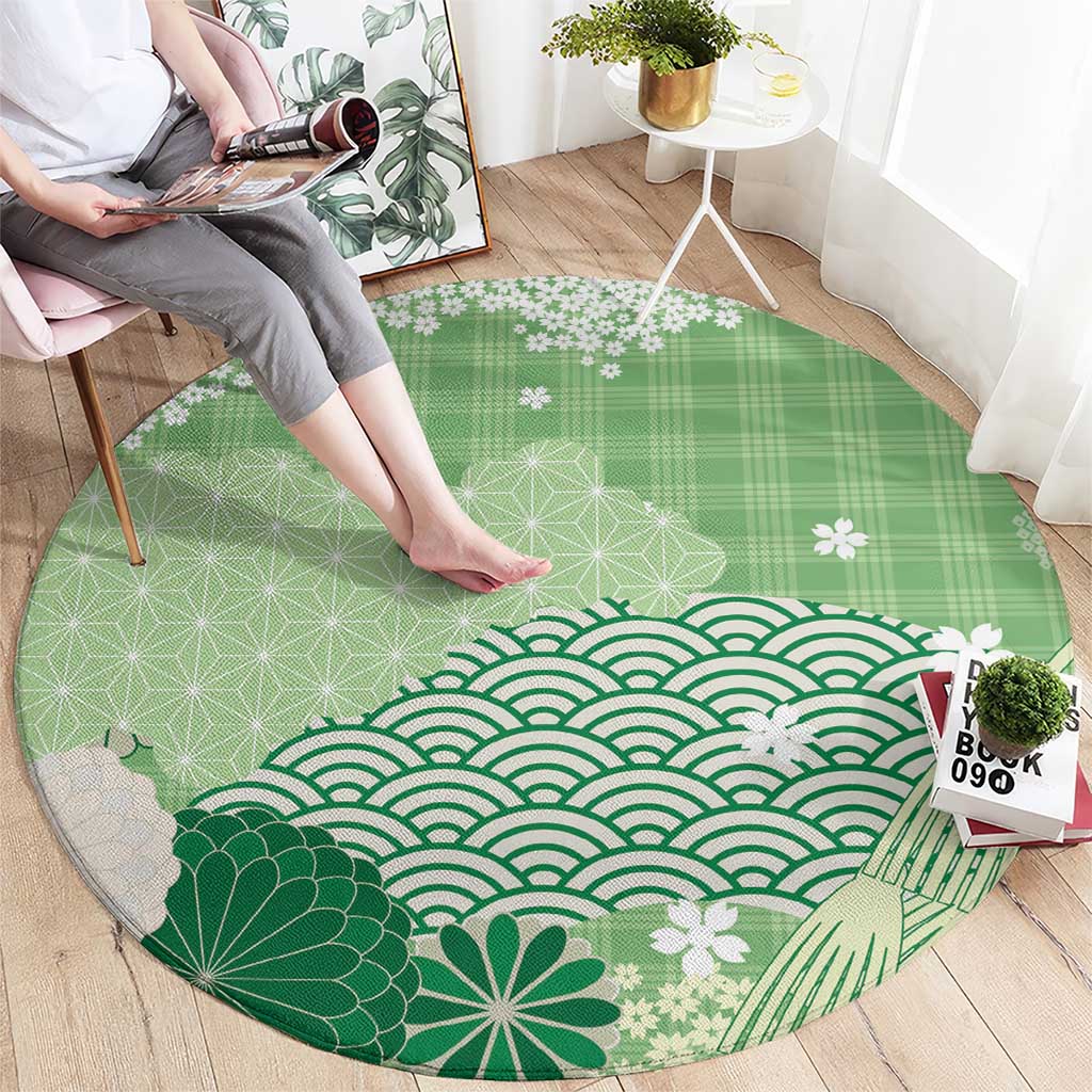 Green Palaka Japanese Patterns Round Carpet Asanoha Seigaiha Sakura Motif - Polynesian Pride