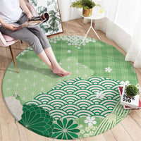 Green Palaka Japanese Patterns Round Carpet Asanoha Seigaiha Sakura Motif - Polynesian Pride
