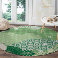 Green Palaka Japanese Patterns Round Carpet Asanoha Seigaiha Sakura Motif - Polynesian Pride
