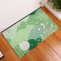 Green Palaka Japanese Patterns Rubber Doormat Asanoha Seigaiha Sakura Motif - Polynesian Pride