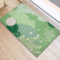Green Palaka Japanese Patterns Rubber Doormat Asanoha Seigaiha Sakura Motif - Polynesian Pride