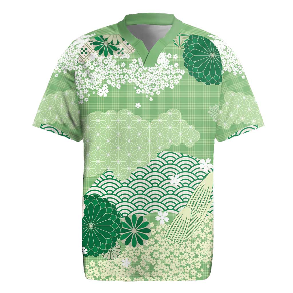 Green Palaka Japanese Patterns Rugby Jersey Asanoha Seigaiha Sakura Motif - Polynesian Pride