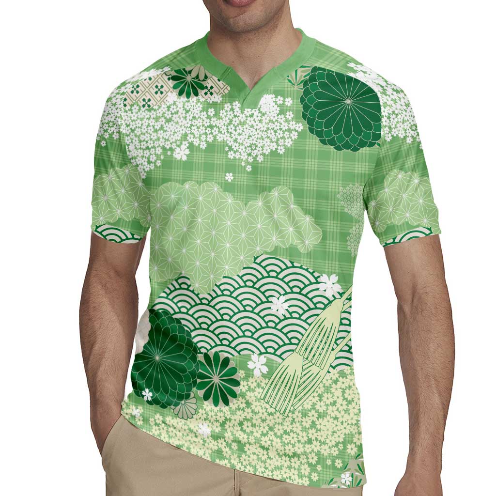 Green Palaka Japanese Patterns Rugby Jersey Asanoha Seigaiha Sakura Motif - Polynesian Pride