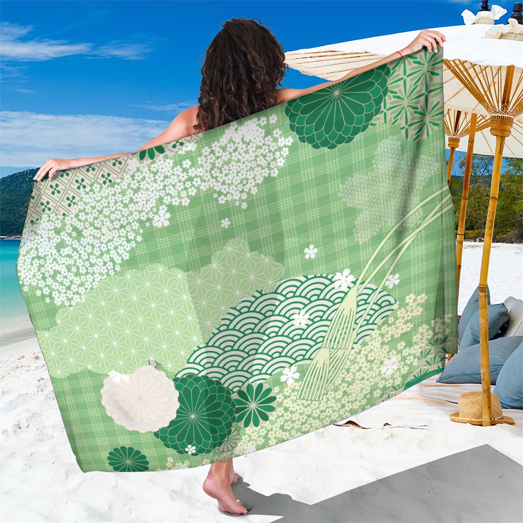 Green Palaka Japanese Patterns Sarong Asanoha Seigaiha Sakura Motif - Polynesian Pride