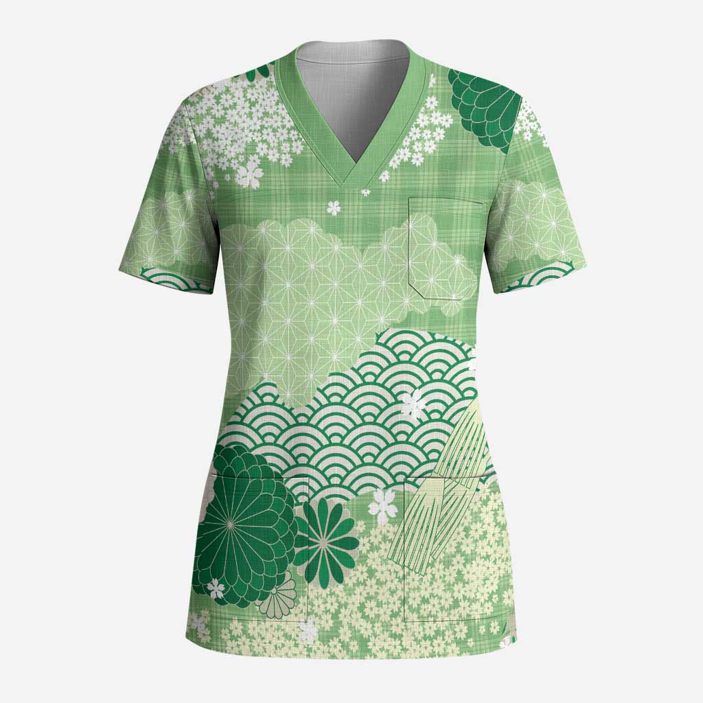Green Palaka Japanese Patterns Scrub Top Asanoha Seigaiha Sakura Motif - Polynesian Pride