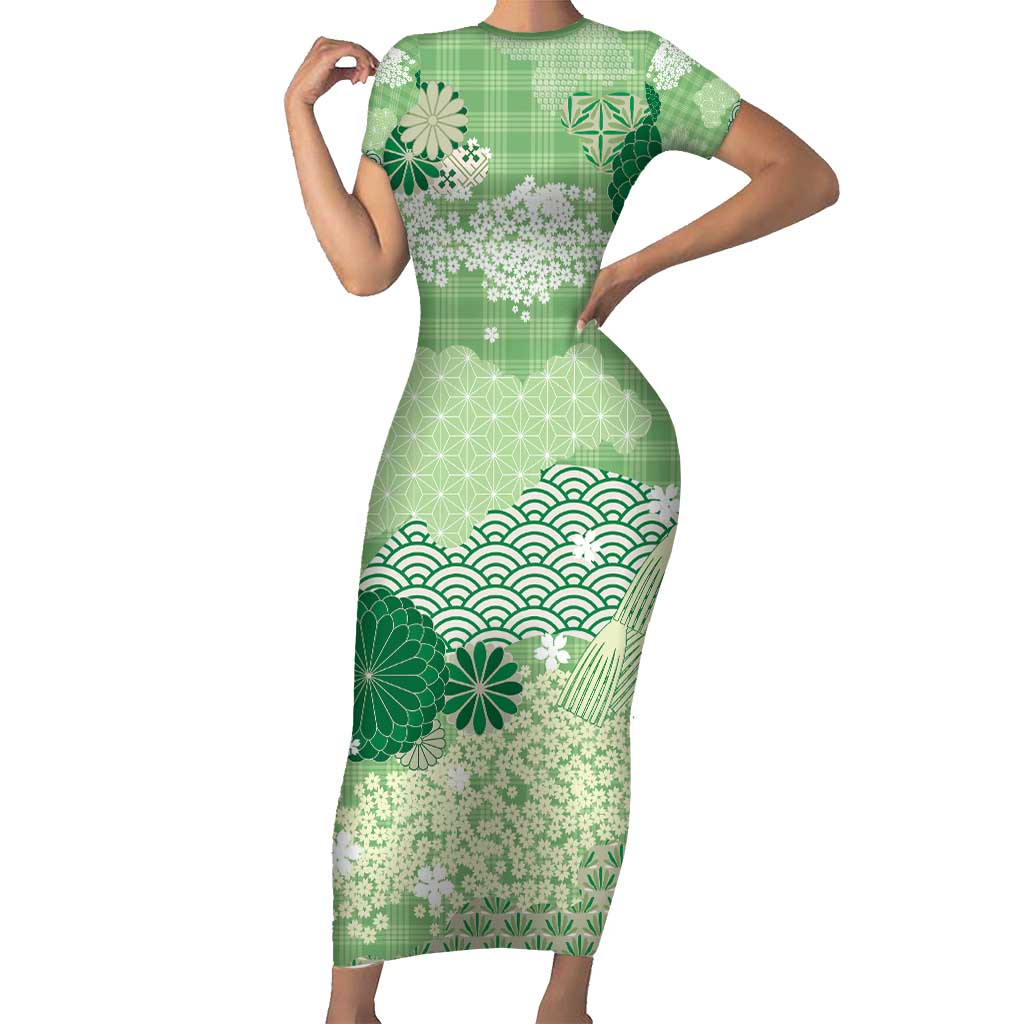 Green Palaka Japanese Patterns Short Sleeve Bodycon Dress Asanoha Seigaiha Sakura Motif - Polynesian Pride