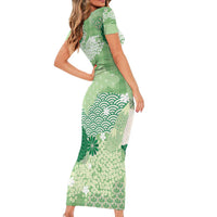 Green Palaka Japanese Patterns Short Sleeve Bodycon Dress Asanoha Seigaiha Sakura Motif - Polynesian Pride