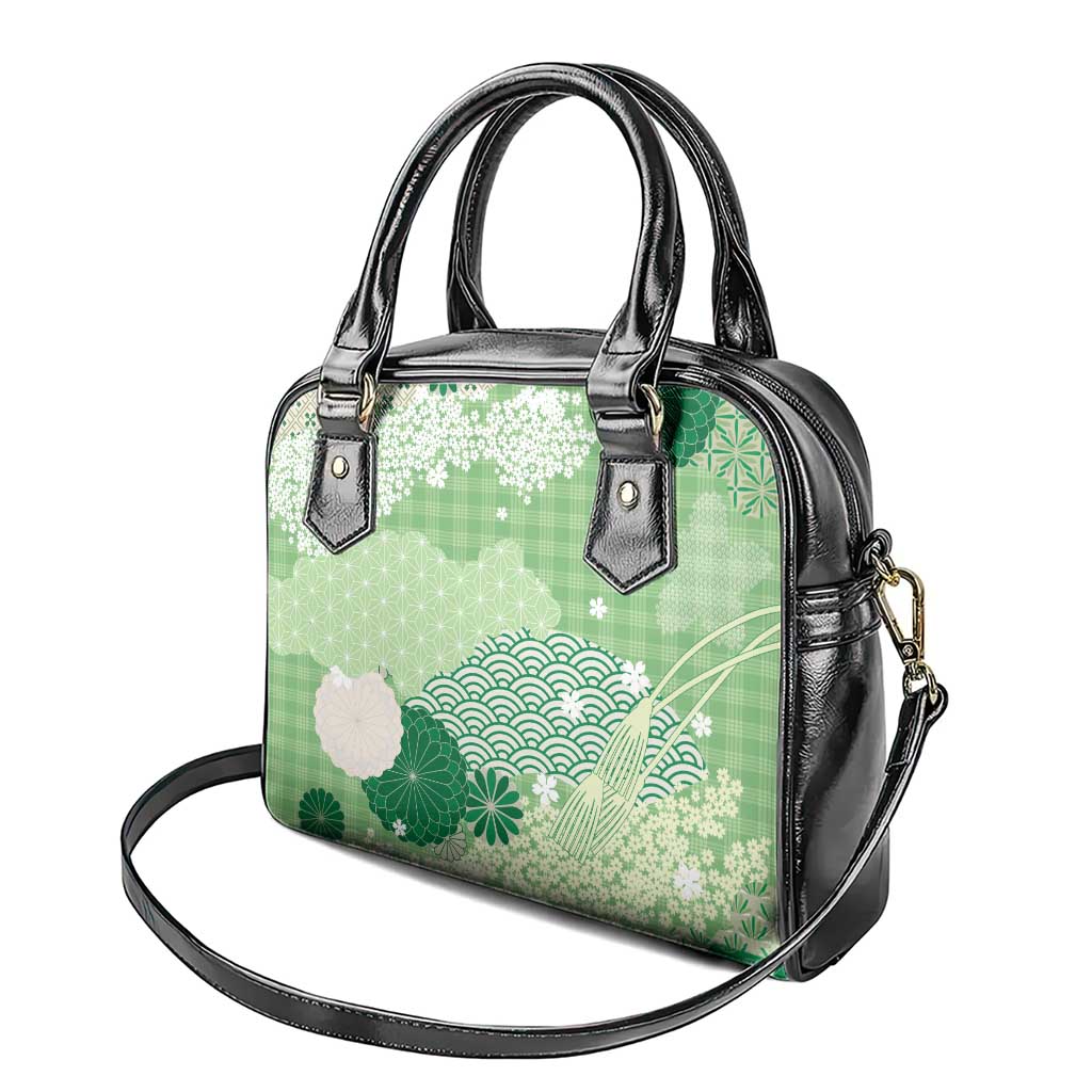 Green Palaka Japanese Patterns Shoulder Handbag Asanoha Seigaiha Sakura Motif - Polynesian Pride
