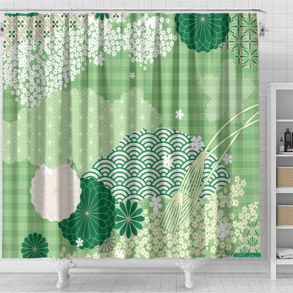 Green Palaka Japanese Patterns Shower Curtain Asanoha Seigaiha Sakura Motif - Polynesian Pride