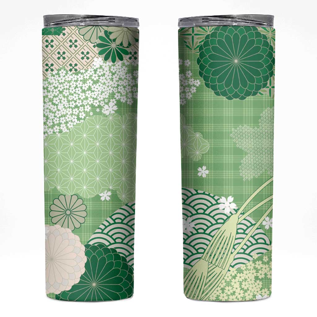 Green Palaka Japanese Patterns Skinny Tumbler Asanoha Seigaiha Sakura Motif - Polynesian Pride