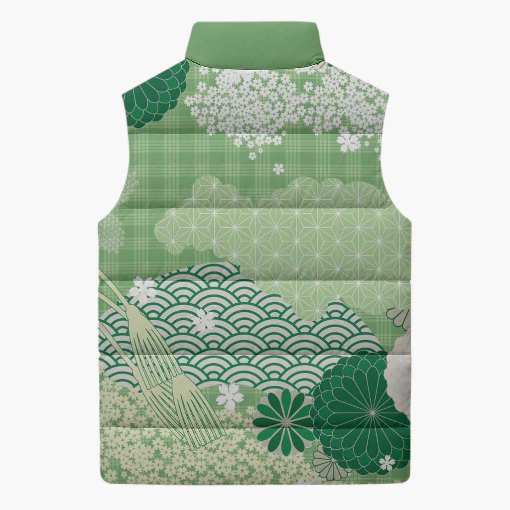 Green Palaka Japanese Patterns Sleeveless Puffer Jacket Asanoha Seigaiha Sakura Motif - Polynesian Pride