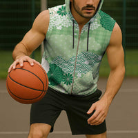 Green Palaka Japanese Patterns Sleeveless Zip Hoodie Asanoha Seigaiha Sakura Motif - Polynesian Pride