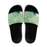 Green Palaka Japanese Patterns Slide Sandals Asanoha Seigaiha Sakura Motif - Polynesian Pride