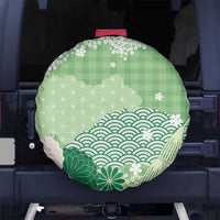 Green Palaka Japanese Patterns Spare Tire Cover Asanoha Seigaiha Sakura Motif - Polynesian Pride