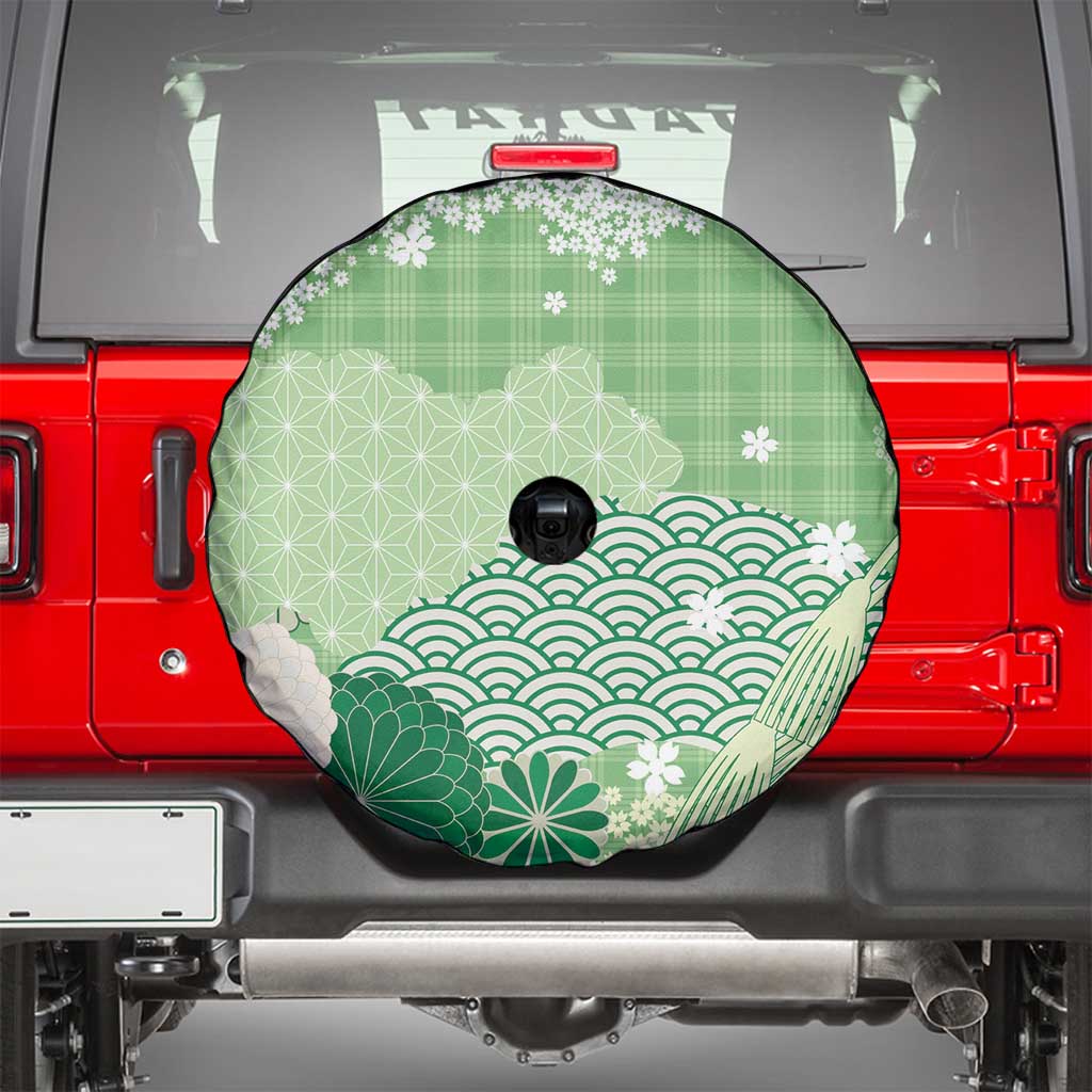 Green Palaka Japanese Patterns Spare Tire Cover Asanoha Seigaiha Sakura Motif - Polynesian Pride