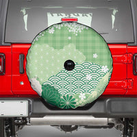 Green Palaka Japanese Patterns Spare Tire Cover Asanoha Seigaiha Sakura Motif - Polynesian Pride