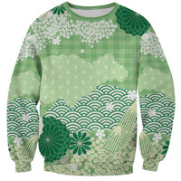 Green Palaka Japanese Patterns Sweatshirt Asanoha Seigaiha Sakura Motif - Polynesian Pride