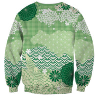 Green Palaka Japanese Patterns Sweatshirt Asanoha Seigaiha Sakura Motif - Polynesian Pride