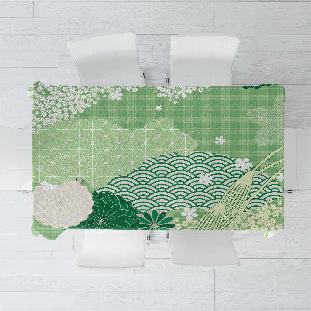 Green Palaka Japanese Patterns Tablecloth Asanoha Seigaiha Sakura Motif - Polynesian Pride
