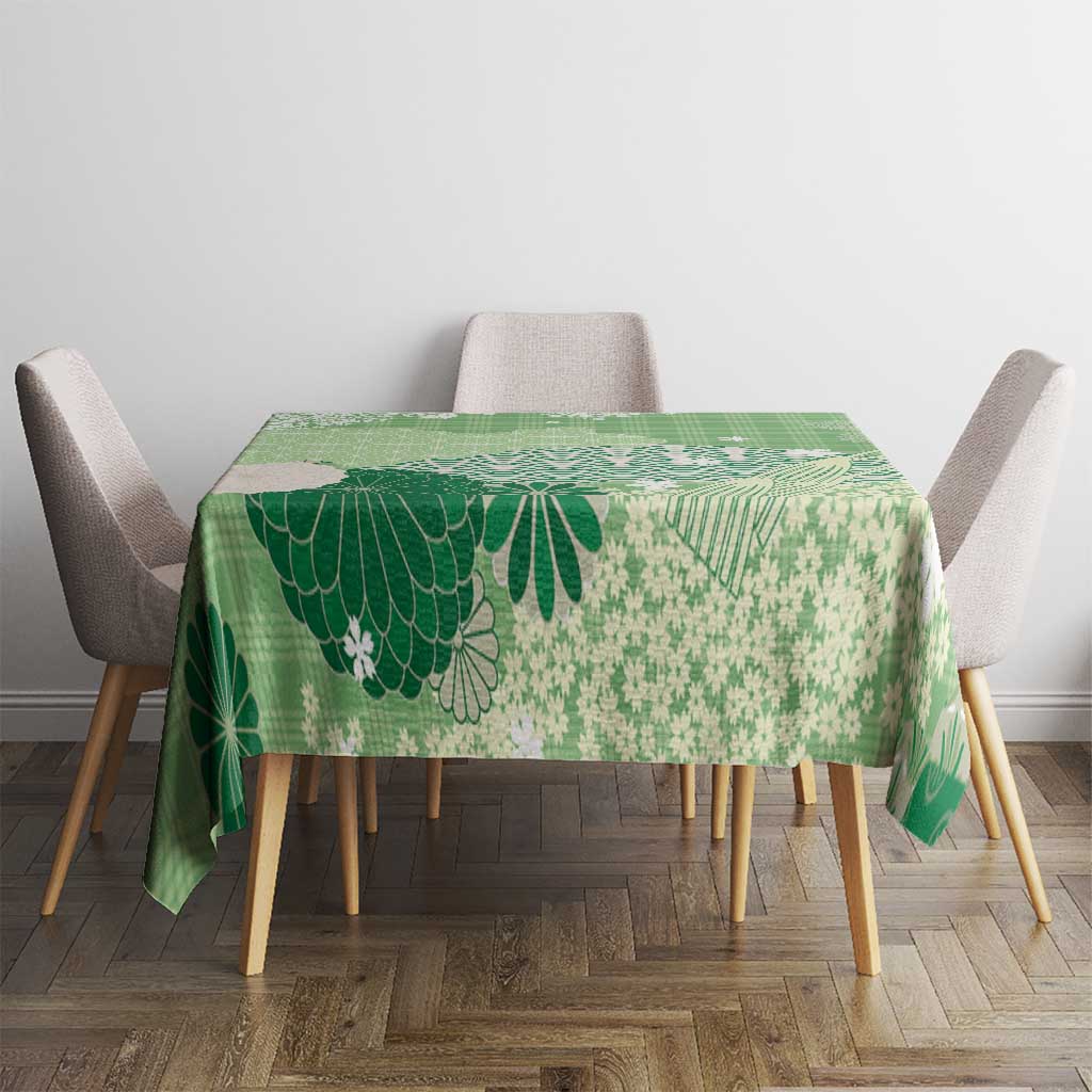 Green Palaka Japanese Patterns Tablecloth Asanoha Seigaiha Sakura Motif - Polynesian Pride