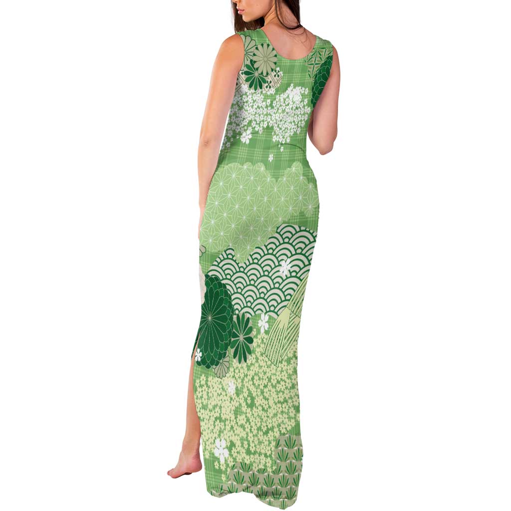 Green Palaka Japanese Patterns Tank Maxi Dress Asanoha Seigaiha Sakura Motif - Polynesian Pride