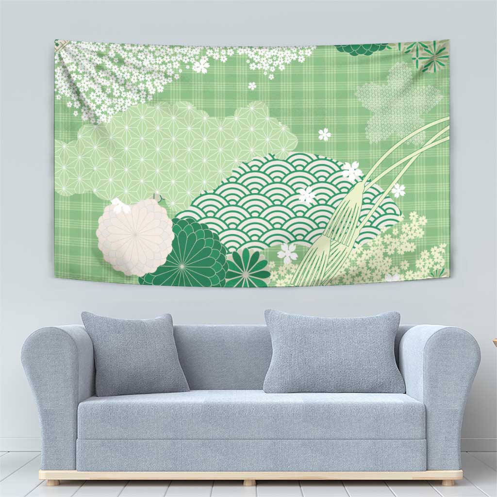 Green Palaka Japanese Patterns Tapestry Asanoha Seigaiha Sakura Motif - Polynesian Pride