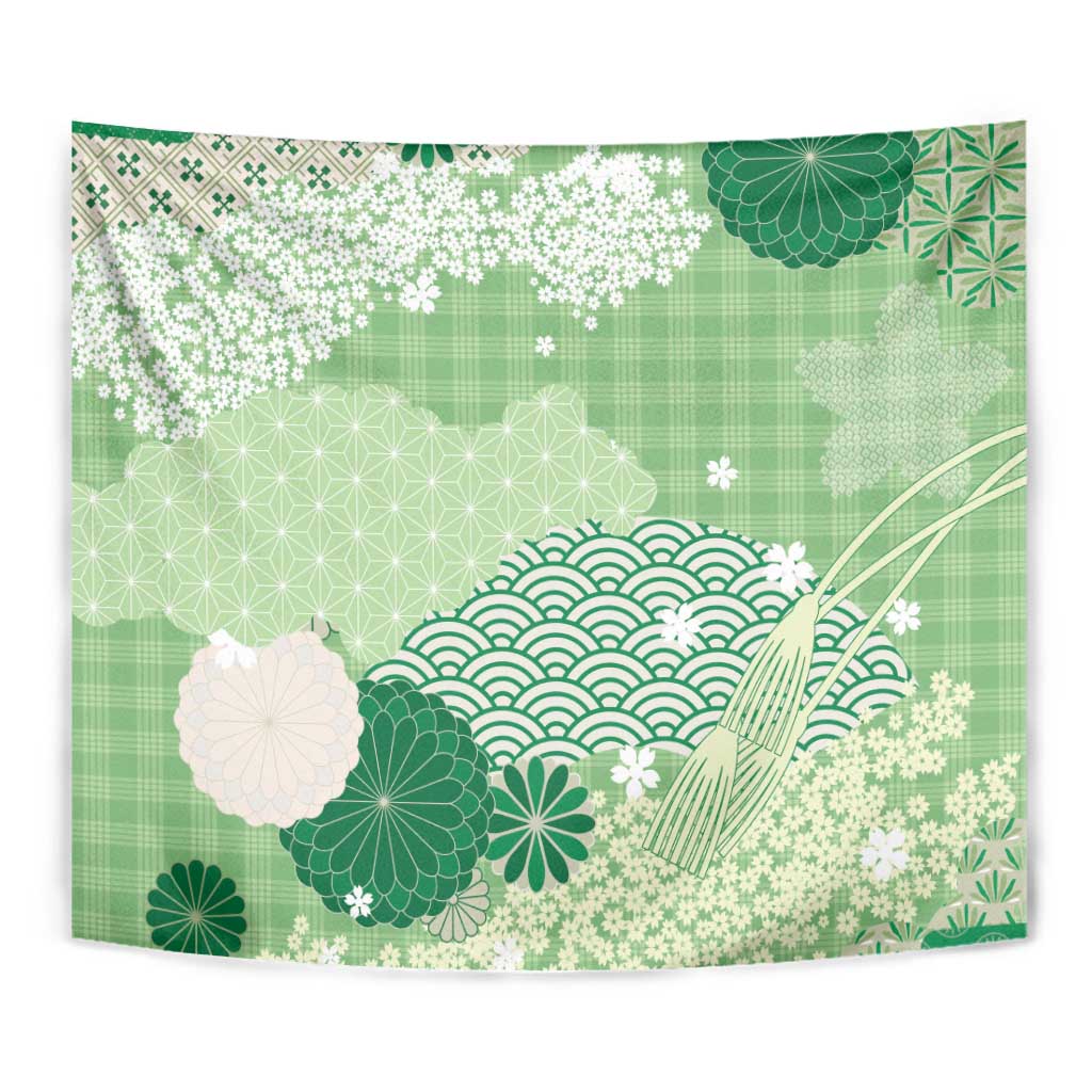 Green Palaka Japanese Patterns Tapestry Asanoha Seigaiha Sakura Motif - Polynesian Pride
